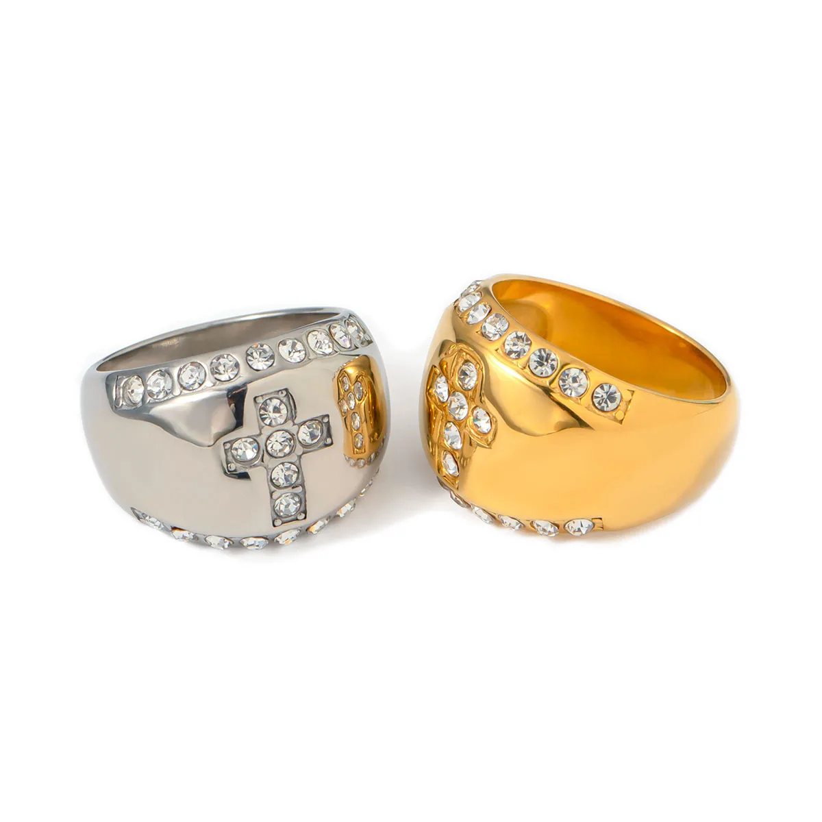 

Stainless Steel PVD 18K Gold Plated Tarnish Rhinestoned Cross Solid Rings For Woman Jewelry Wholesale 2023 Trendy
