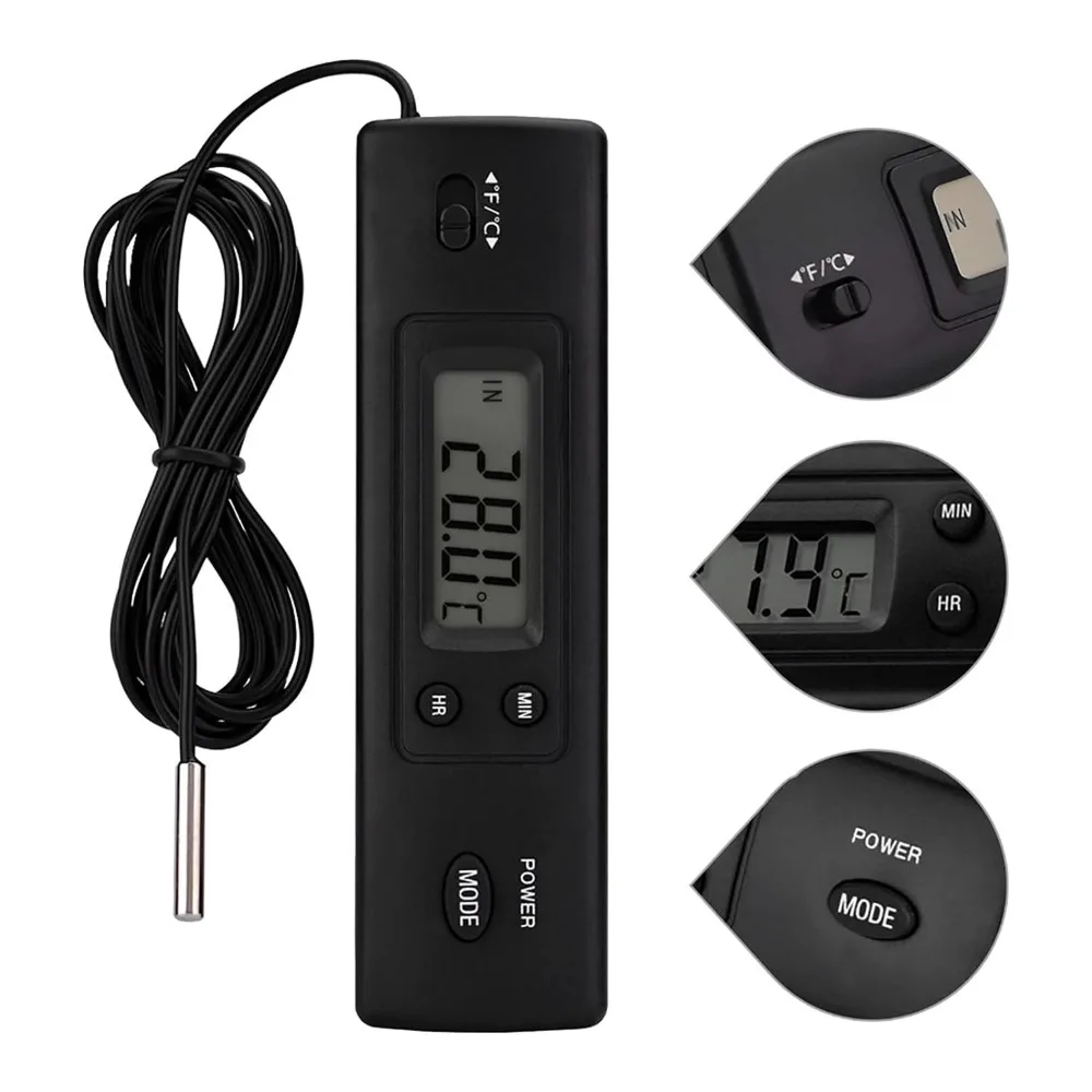 Double Probe Digital Thermometer High Accuracy LCD Display Refrigerator Thermometer Time Display Wired Probe Car Air Thermometer