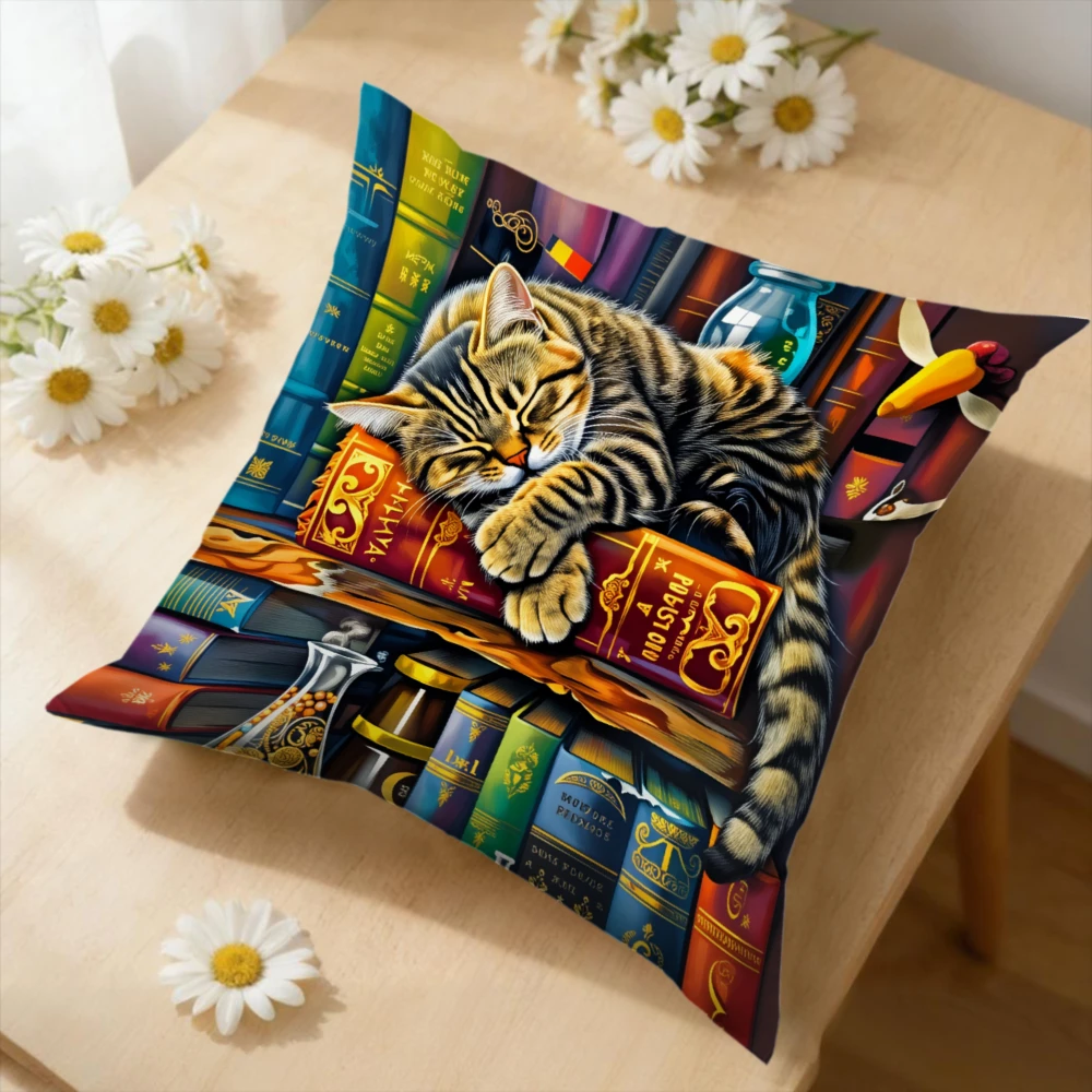 1pc Vintage Style Cushion Cover Multicolor Sleeping Tabby Cat On Books Pillowcase For Sofa Bedroom Decorative Home Decor Soft