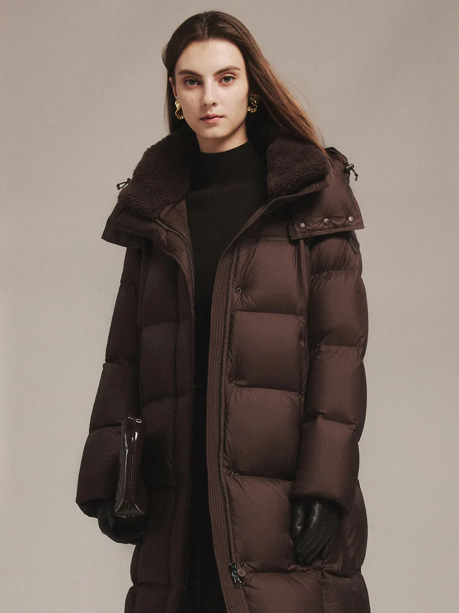 Winter White Duck Down Knee Length Outwears Women Long Lamb Wool Splicing Hooded Down Jacket Female Warm Thick Parker Jacket