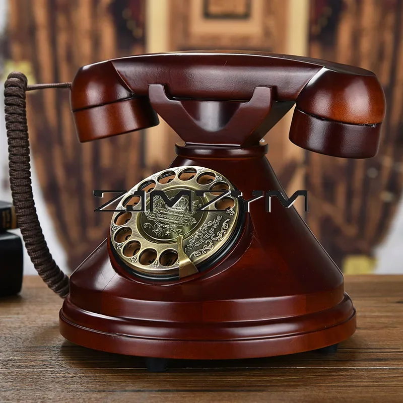 Solid Wood Retro Telephones Antique Caller ID Button Dial Fixed Telephone Decorative Landline Phone Home Office