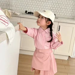 Children Clothing Set 2024 Spring Summer Korean Style Retro Girls Lapel Long-sleeved Shirt Design Pleated Skirt Two-piece Set