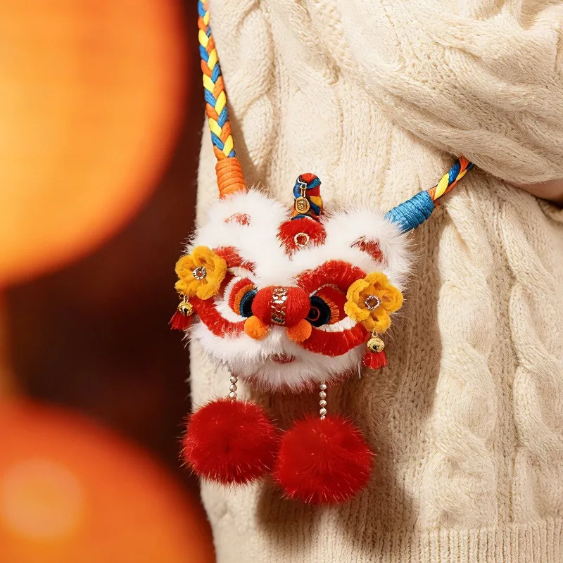 

2026 New Year Lion Dance Kids Crossbody Bag Chinese Style Plush Purse Spring Festival Lucky Red Bag for Children New Year