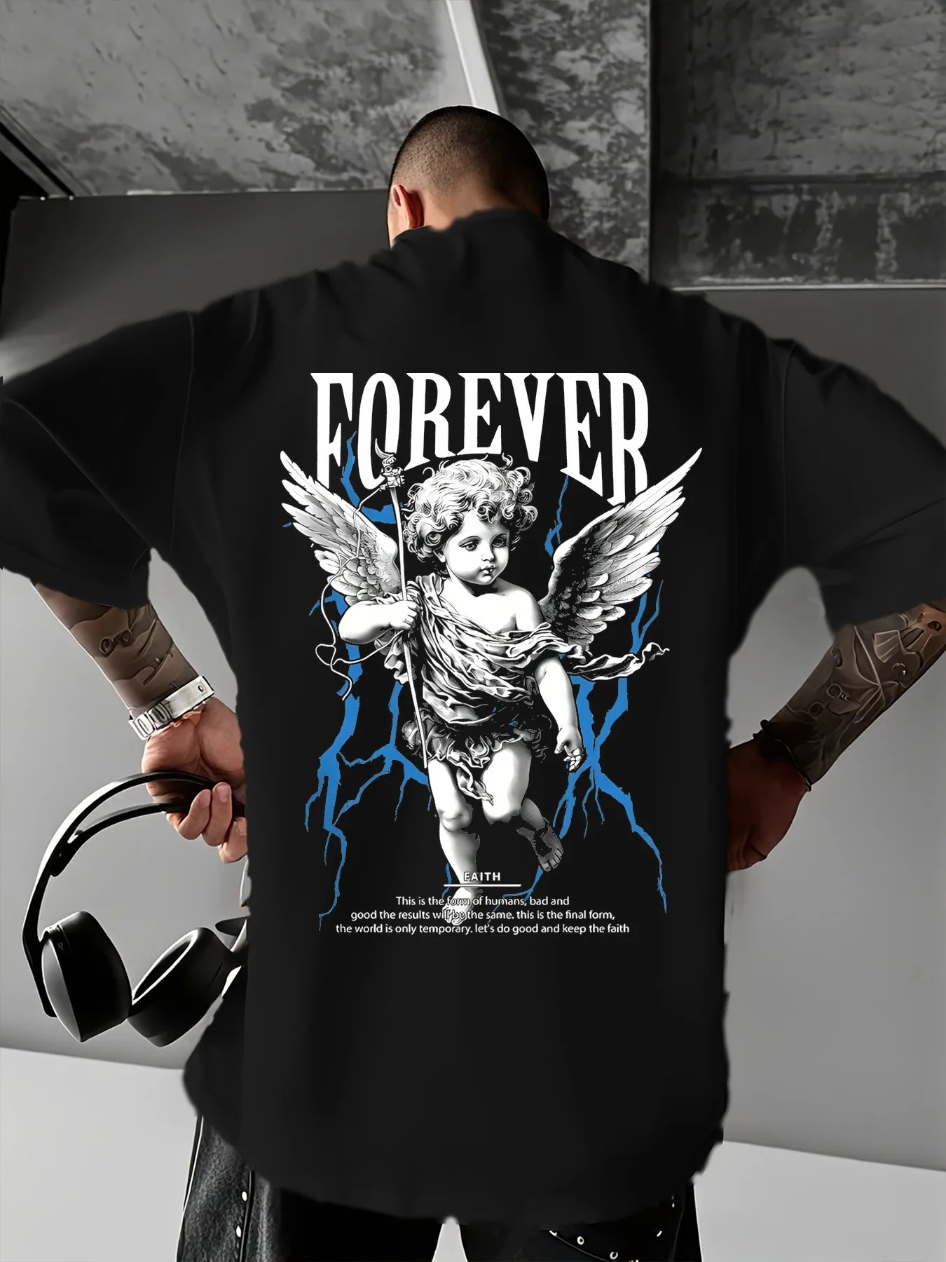 Forever Angel with Blue Lightning Graphic Print 100% Cotton Mens T Shirt for Summer Streetwear Edgy Divine Vibe