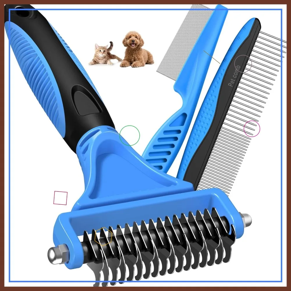 3PCS Pet Grooming Set: Rake, Metal Comb, Flea Comb for Dogs & Cats, Blue