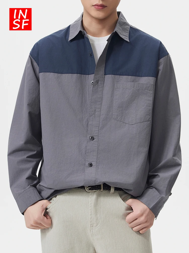 

Мужская повседневная рубашка-куртка в американском стиле с длинным рукавом, пэчворк, новая весенняя коллекция, свободный крой, из дышащего льна, простой дизайн