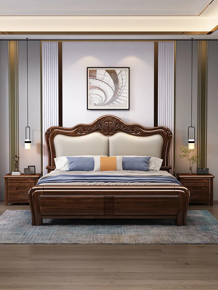 Golden silk sandalwood solid wood bed 1.8 meters high box air pressure storage light luxury master bedroom soft bag