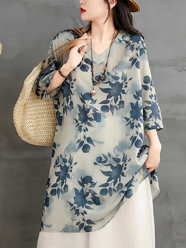 Luźna koszula damska z bawełny i lnu na lato, z dekoltem w serek, średniej długości, z nadrukiem, w stylu vintage, idealna do pracy.