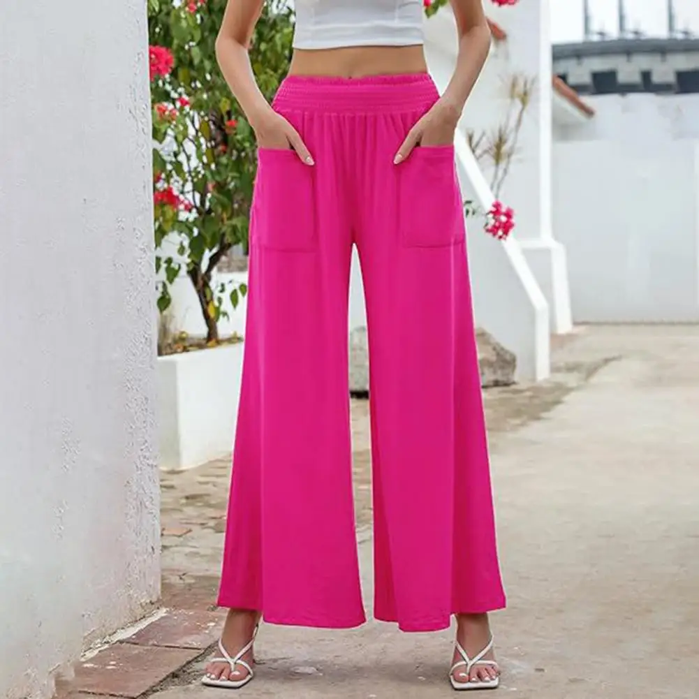 

Women Wide Leg Pants Solid Color Trousers Loose Fit Women's Pants Elastic High Waist Straight Wide Leg with Pockets Solid Color