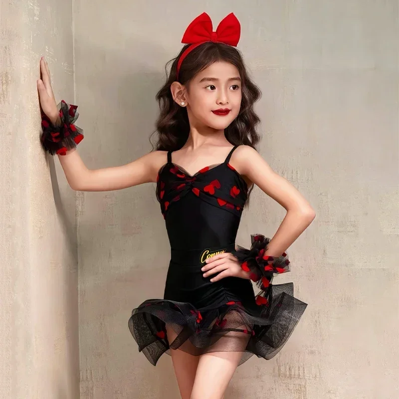 2025 Latin dansjurk voor meisjes, mouwloze latin danskleding, rok met ruches, zwart rood, Rumba, toneelvoorstelling, kostuum, feestjurk