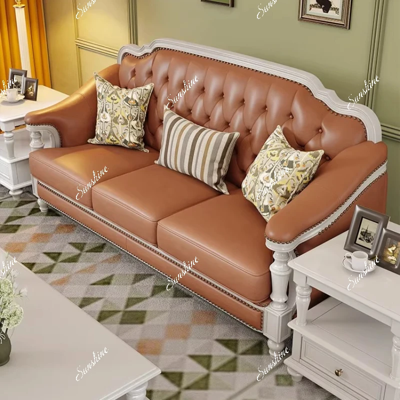 Solid wood leather sofa living room villa furniture three people