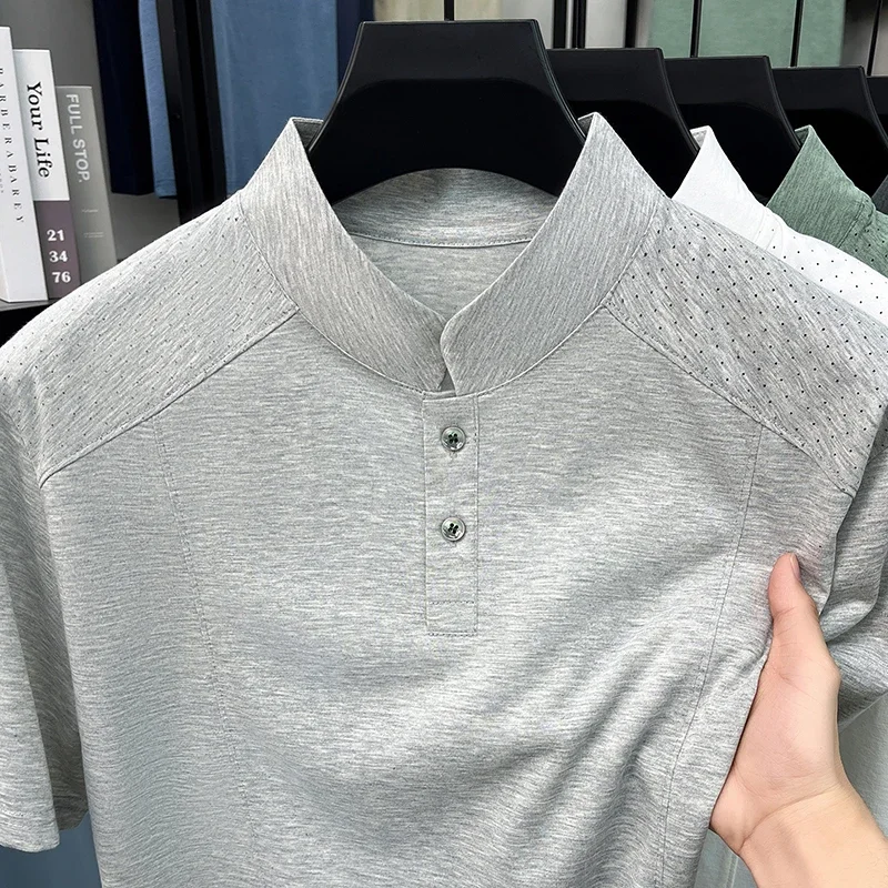 Summer male stand notch collar t shirt raglan perforated detail elastic sweat wicking lightweight office commuting garment