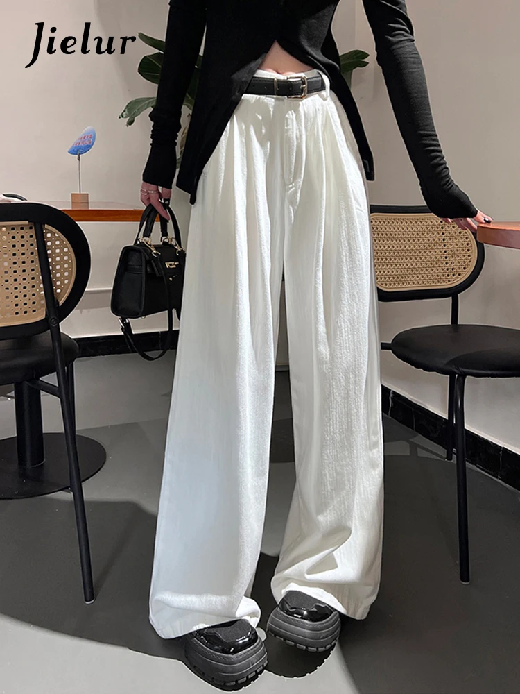 

Korean White Chicly Zipper Button Loose Casual Female Wide Leg Pants Spring Classic Solid Color Fashion Full Length Women Pants