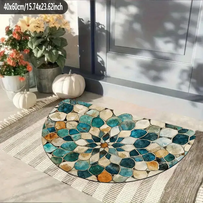 Blue Green Mosaic Stone Doormat Abstract Pebble Pattern Non Slip Entry Rug For Bathroom Entryway And Nature Inspired Decor