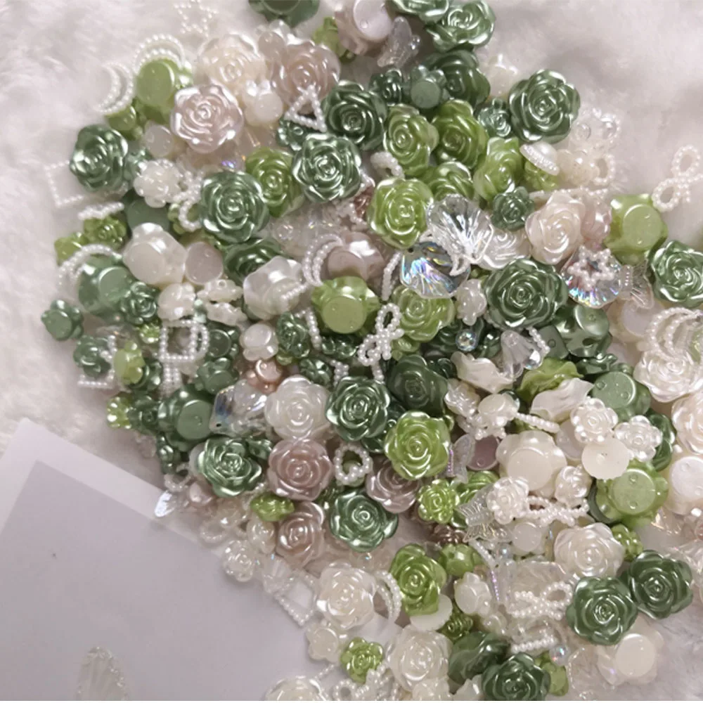 50g Green/White Mix Style Mocha Resin Flat Back Nail Art Rhinestone Mixed Rose/Bow/Heart/Star Apply To Phone/Manicure Decoration