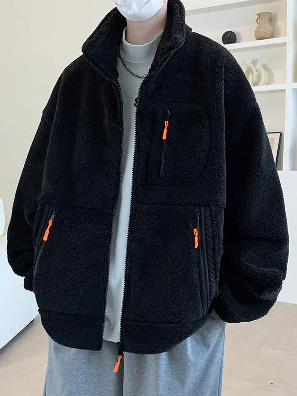 

Lamb Velvet Cotton Jaet Men's Winter Thiened Warm Windproof Hooded Casual Collar Cotton Coat Youth ular Loose Fit Long...