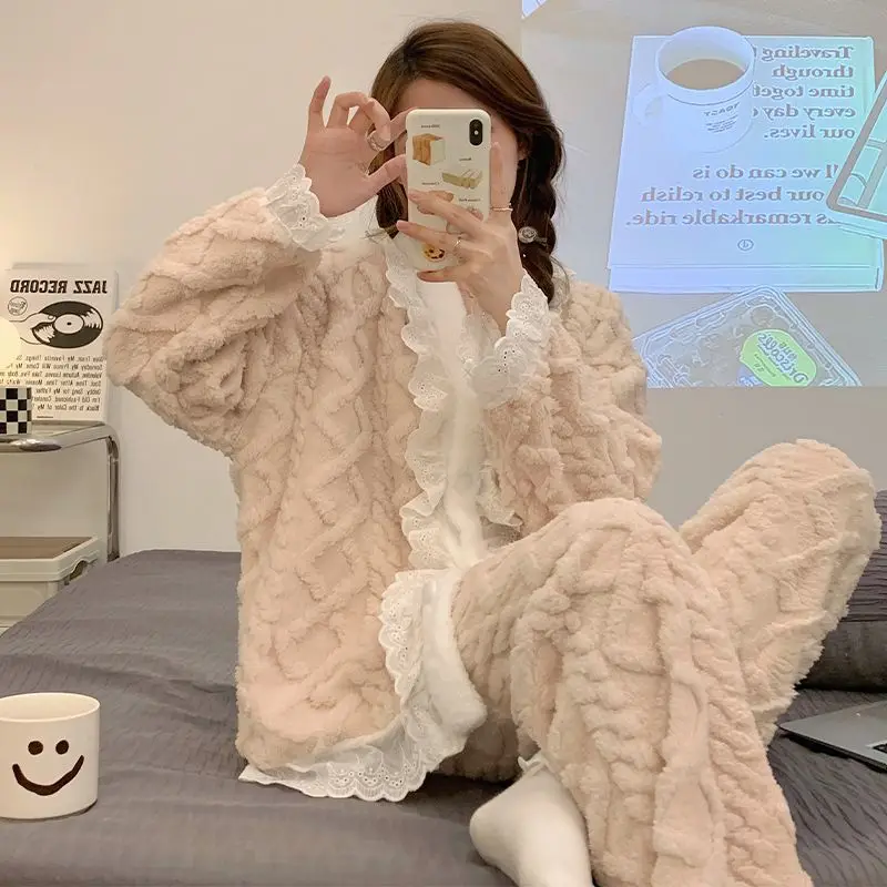 Pijama de veludo coral manga longa feminina, roupa espreguiçadeira grossa quente, casaco curto e confortável, novo, outono e inverno, 2023