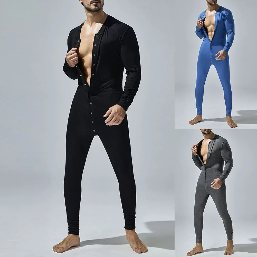 Macacão masculino macacão pijamas botão para baixo bodysuit manga longa bodycon pijamas único breasted roupas confortáveis M-XXL