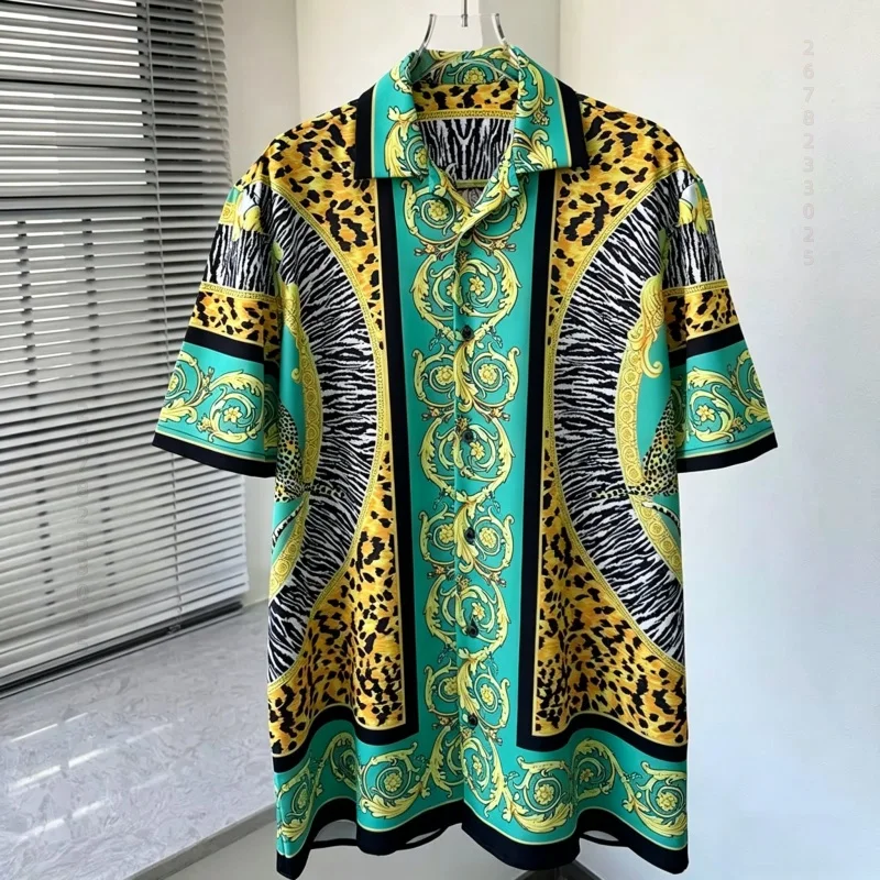 2026 Summer New Men's Fashion Baroque Printed Short Sleeve Shirt Loose Collar Outdoor Casual vacation Shirt Retro men's clothing