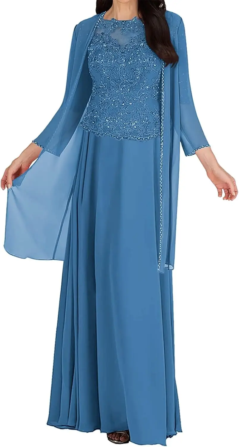 

Mother of The Bride Dresses with Jacket Lace Half Sleeve Evening Dress Chiffon Wedding Guest Dresses for Women