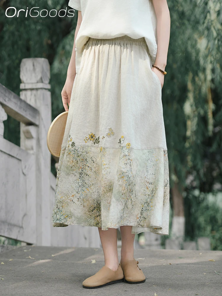 

OriGoods 100% Linen Skirt Women 2025 New Summer Flower Print Linen Skirt Elastic Waist Pocket Vintage Elegant Long Skirt Q152