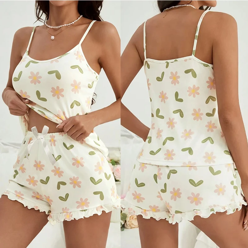 

Summer Floral Print Tank Top And orts Set Women's Casual Home Wear Comfortable Slim Fit No Sve round Ne Straight Leg