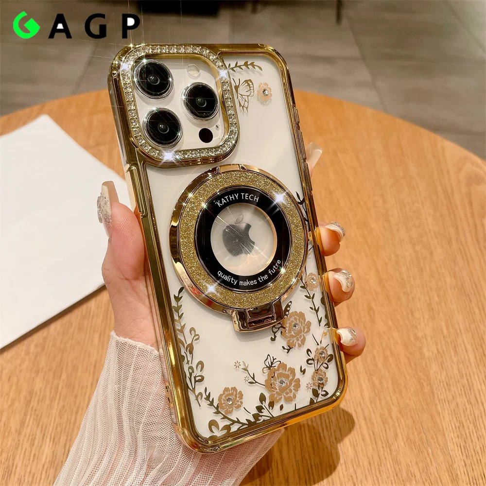 Luxury Flower  15pro Max Case Magsafe Bracket Glitter Diamond 14 15Plus For iPhone 14 11 12 15 13 Pro Max Case Transparent Cover