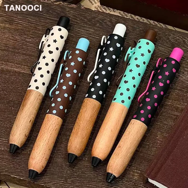 

TANOOCI Retro Polka Dot Gel Pen 0.5mm Bullet Tip Solid Wood Grip Quick-Dry Black Ink Pocket Pens Office Study Daily Writing Tool