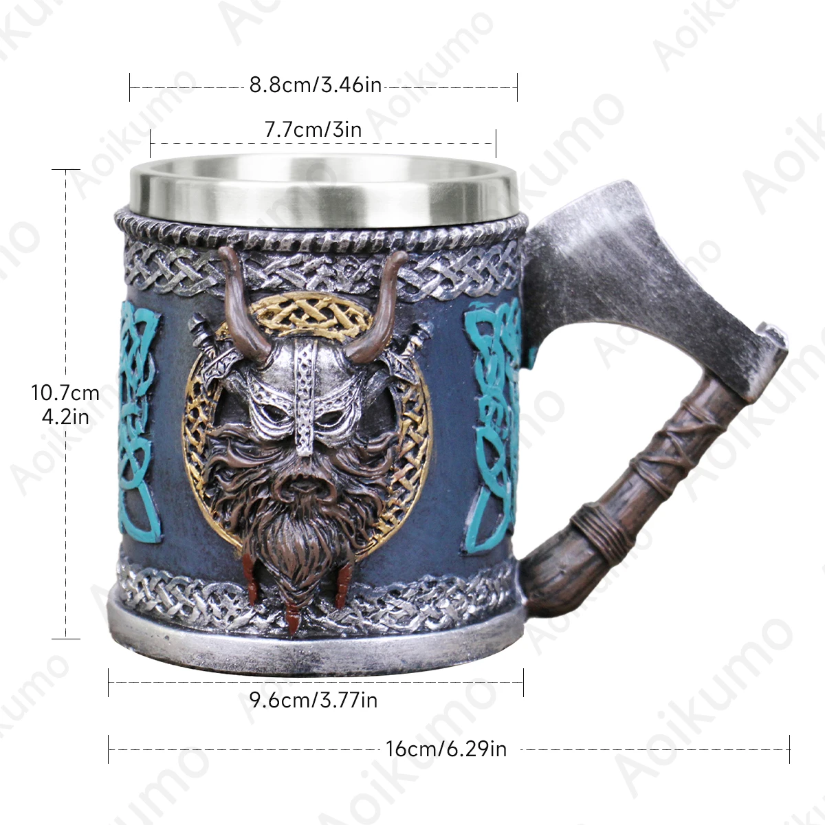 Valhalla Viking Stainless Steel Single Handle Horn Skull Beer Stein Cup Nordic Viking Warrior Skull Mug Tankard 400ml Halloween