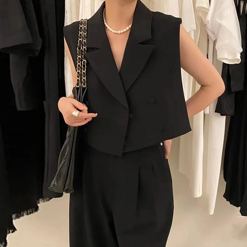 Women Fashion Elegant Notched Collar Sleeveless Short Jackets Single Breasted Solid Casual Blazers Summer Commuter Outwears