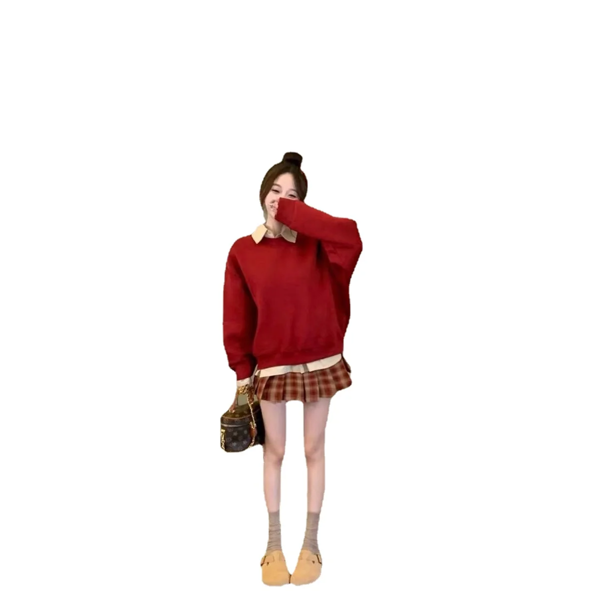 Sweet Style Set Polo Collar Shirt + Early Autumn Long Sleeve Knit Sweater + Women's Plaid Pleated Skirt Three Piece Set