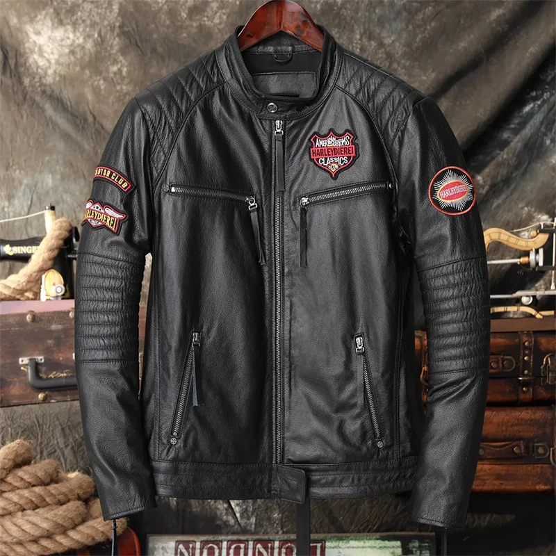 Black Autumn Skull Embroidery Leather Jacket Men Plus Size 5XL Natural Cowhide Stand Collar Genuine Leather Coat