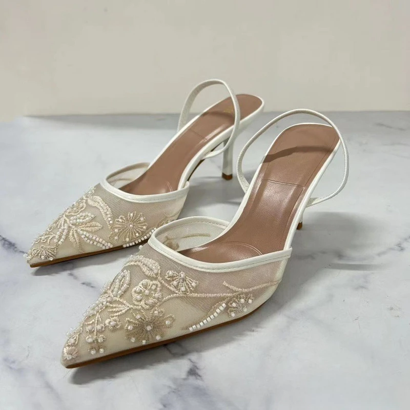 

Дизайнерские сетчатые сандалии с цветочной вышивкой, женские дышащие летние туфли-лодочки с открытой пяткой на пятке 2025, женские пикантные туфли на тонком высоком каблуке с острым носком