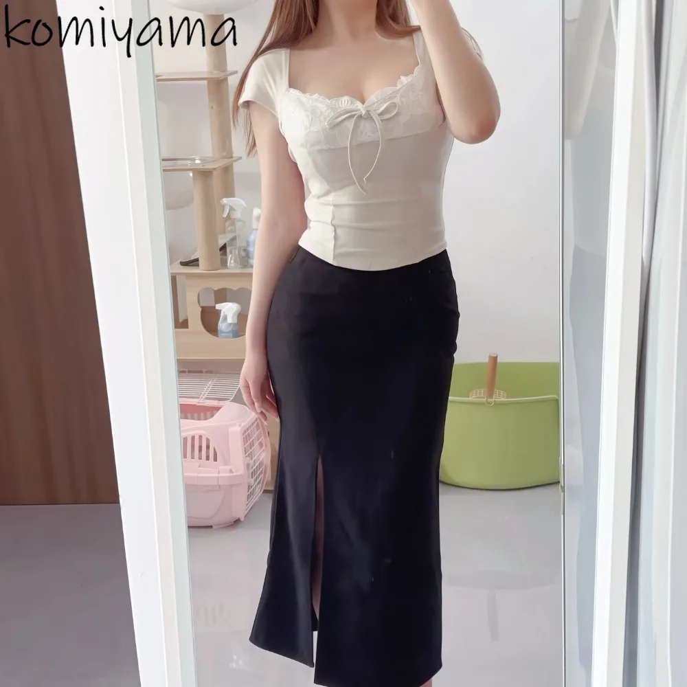 

Summer Two Piece Set Spliced Bow Lace Shot Sleeve T Shirt Japan Elegant High Waist Bodycon Split Skirt Pure Desire Style Suit