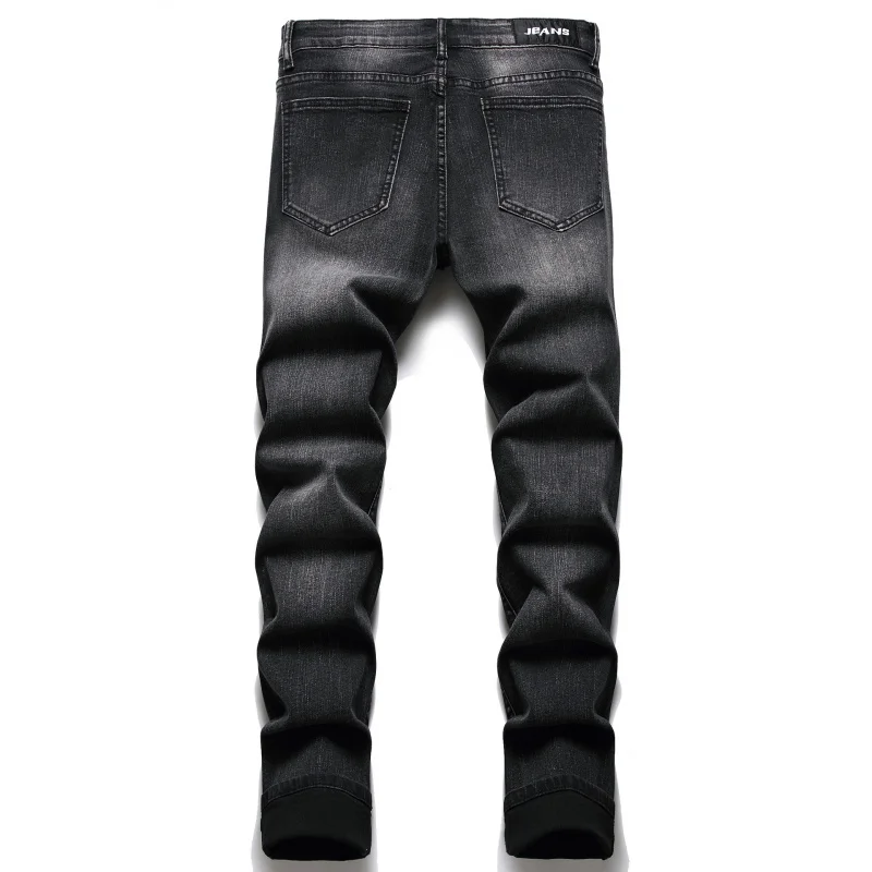 New Men'S Jeans Fashionable Designer Spliced Hole Patch With Diamond Straight Elastic Motorcycle Bike Casual Denim Pants