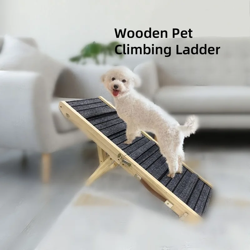 Adjustable Wooden Pet Climbing Ladder Folding Dog Ramp with Cushion Steps for Pet Owners