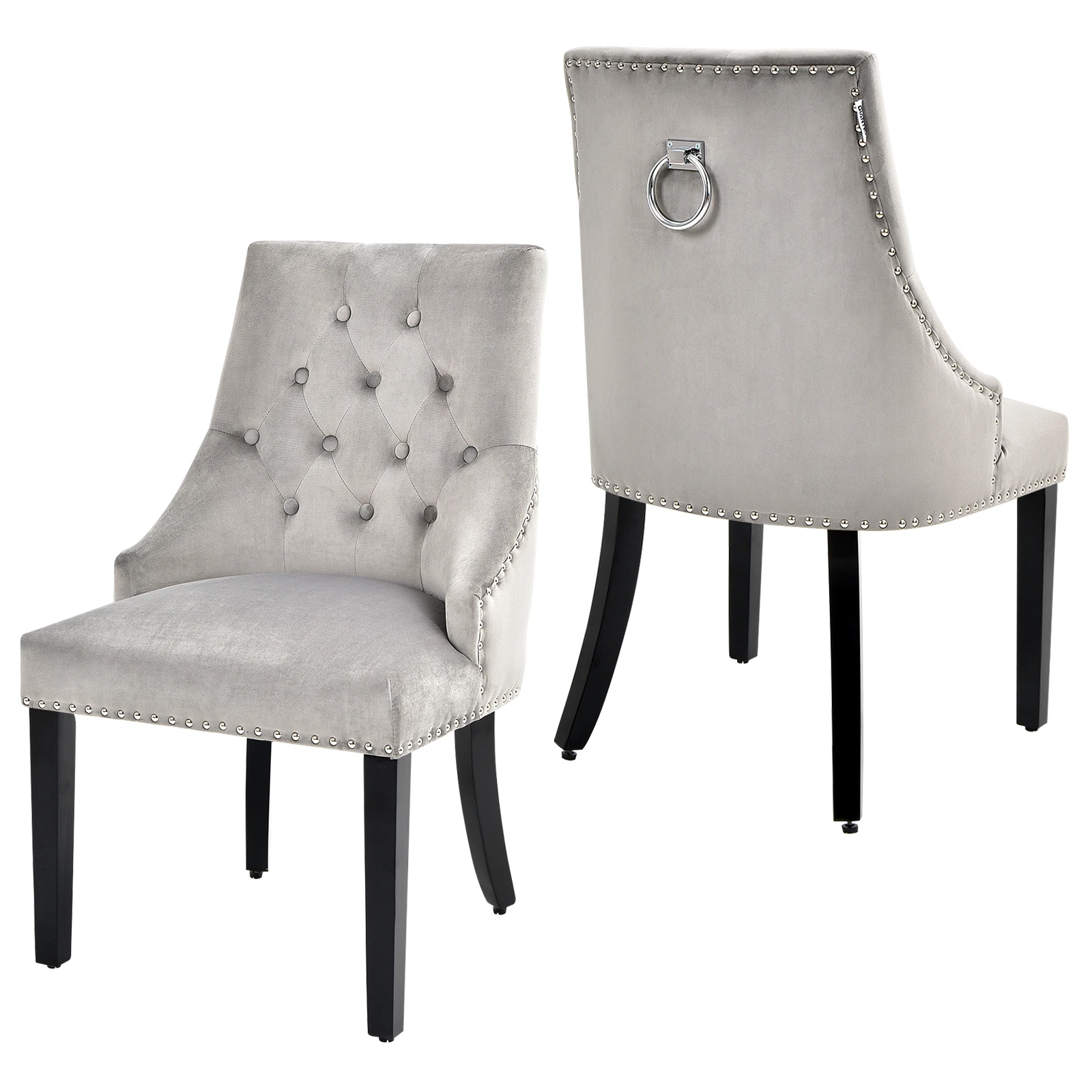 Set of 2 Velvet Dining Chair Upholstered Tufted w/Nailed Trim & Ring Pull Grey