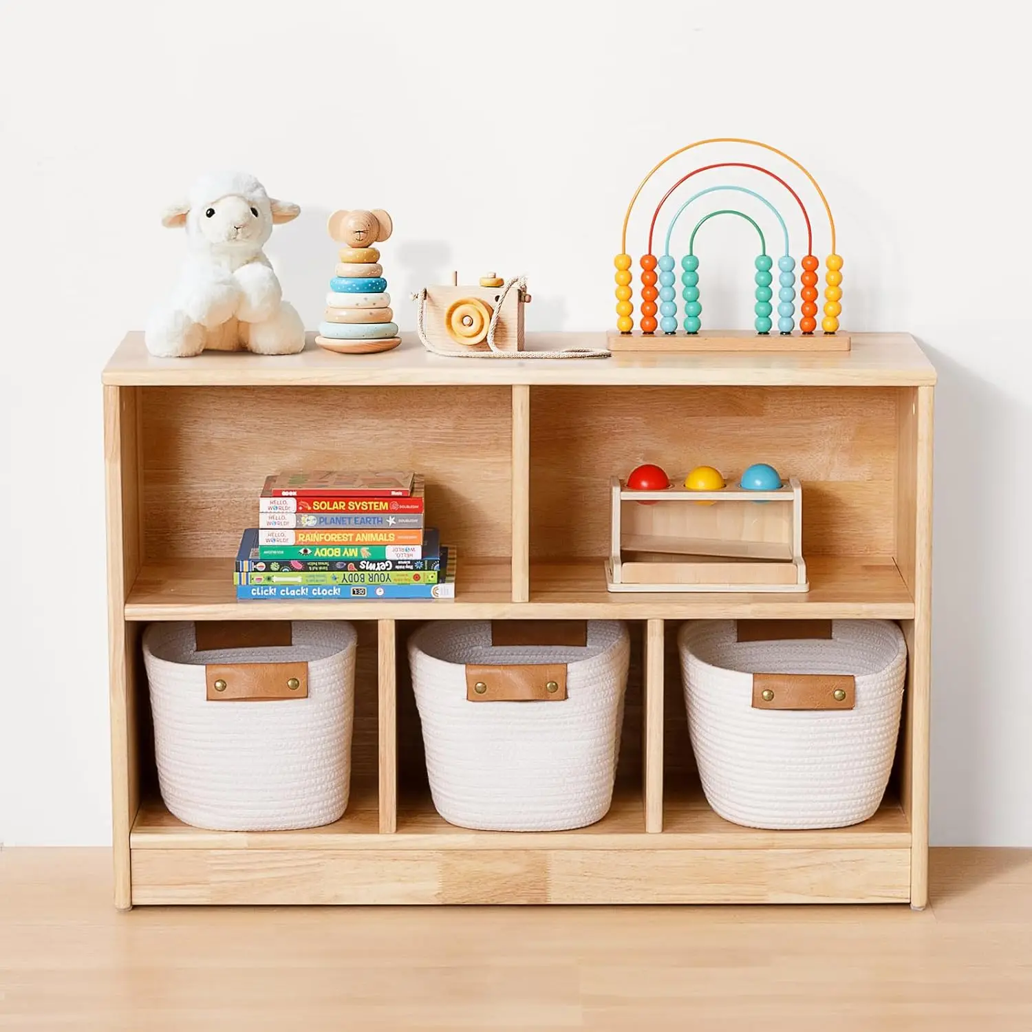 Étagère Montessori en bois à 5 compartiments, 35.4 "L, organisateurs et rangement de jouets, armoire de rangement en bois à 2 niveaux, salle d'irritation pour enfants O