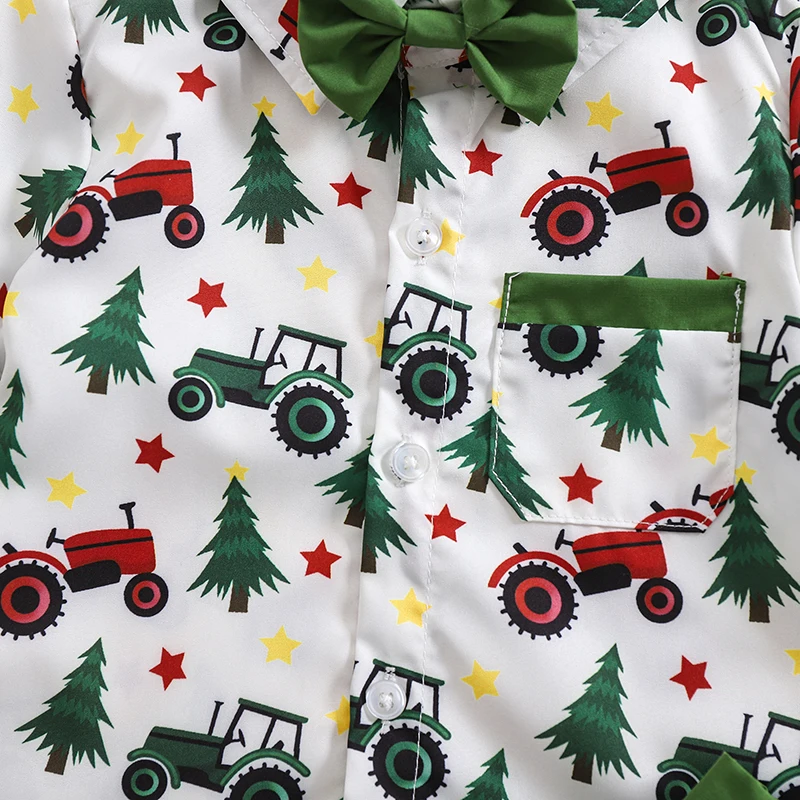 Рождественский наряд для маленьких мальчиков, рубашка на пуговицах с короткими рукавами и тракторной елкой, однотонные шорты с эластичной резинкой на талии, комплект из 2 предметов