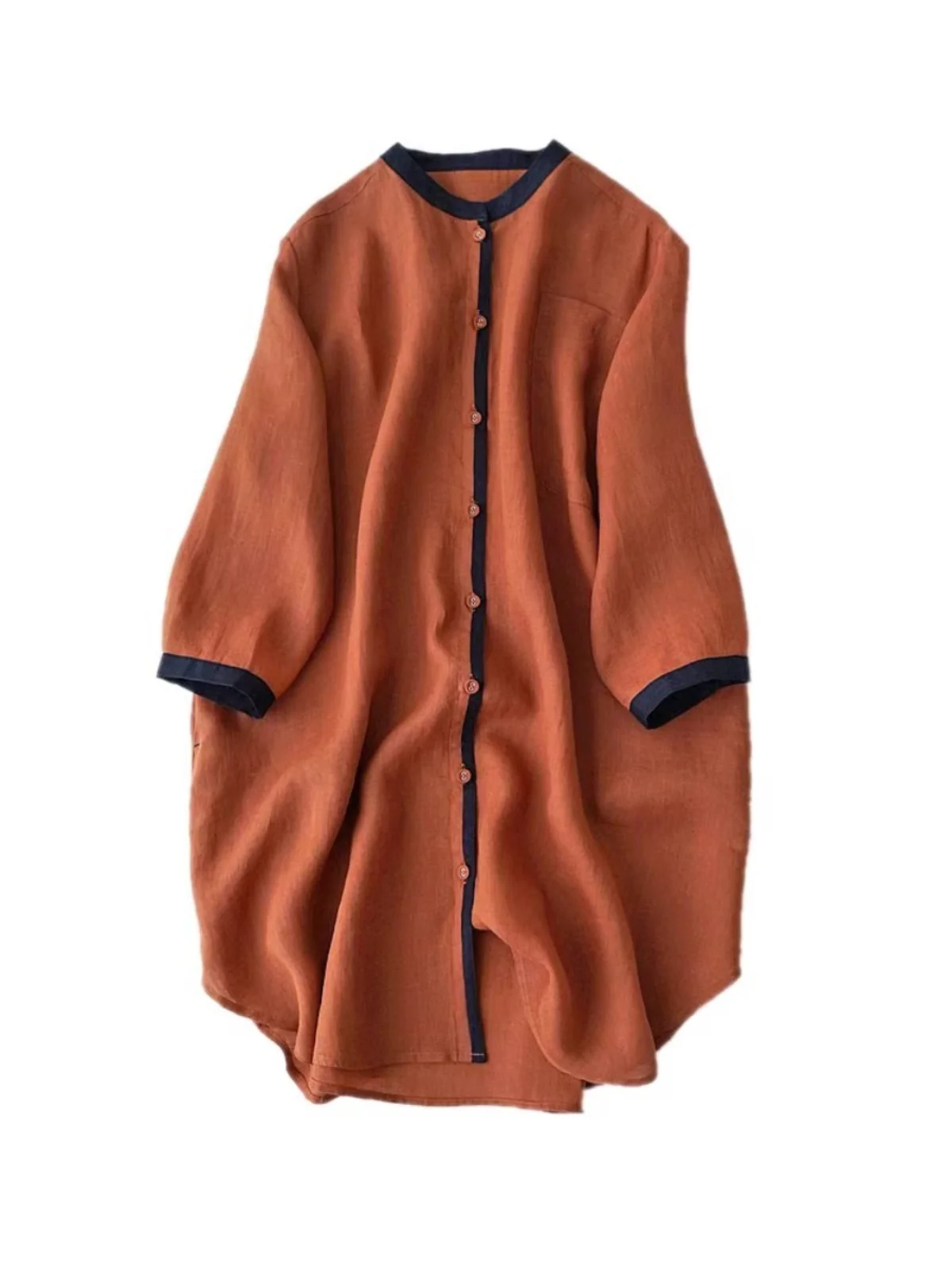 Retro Kontrastfarbe Leinen Seven Sve irt Jaet Damen Frühfrühling Lose Lässige Mittellange Baumwollleinen Sonnenschutz Top