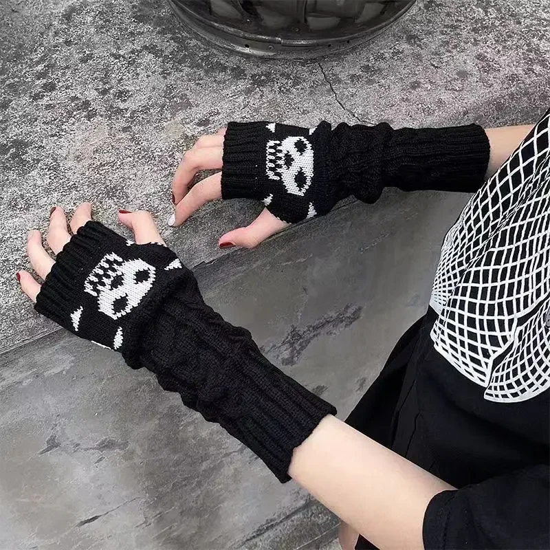 Gothic Girls Knitted Skull Gloves Men Women JK Cos Cool Punk Elbow Length Arm Warmers Hipster Black Winter Long Mittens