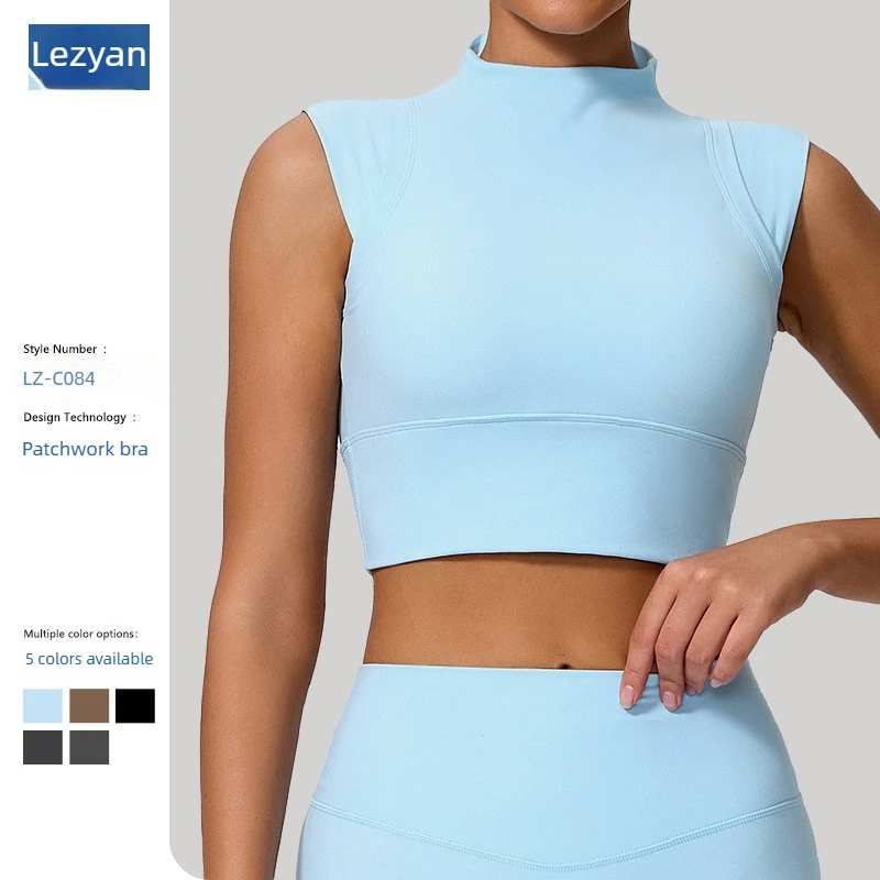 Lezyan Turtleneck Sleeveless Run Fitness Vest Gather Shockproof Breathable Yoga High Elastic Underwea Sports Bra for Women Gym