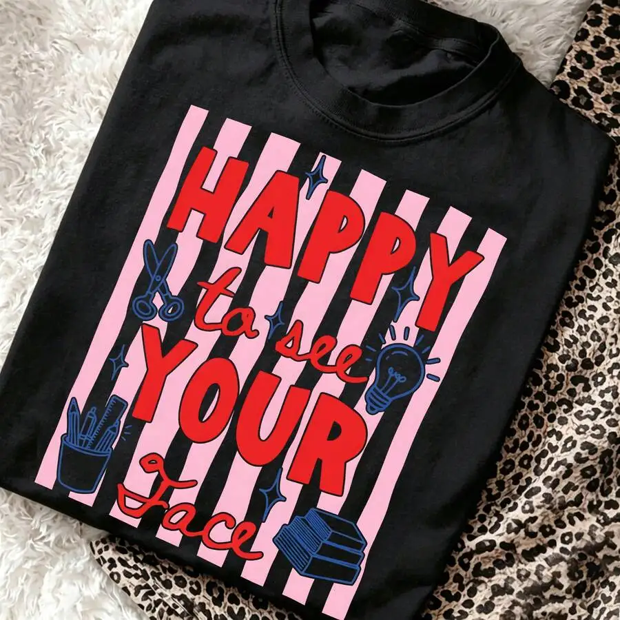 Women's Back To School Slogan Happy To See Your Face Preppy Campus Stripe Stationary Graphic Print T‑Shirt Crew Neck Short Sleeve Casual Tee Top