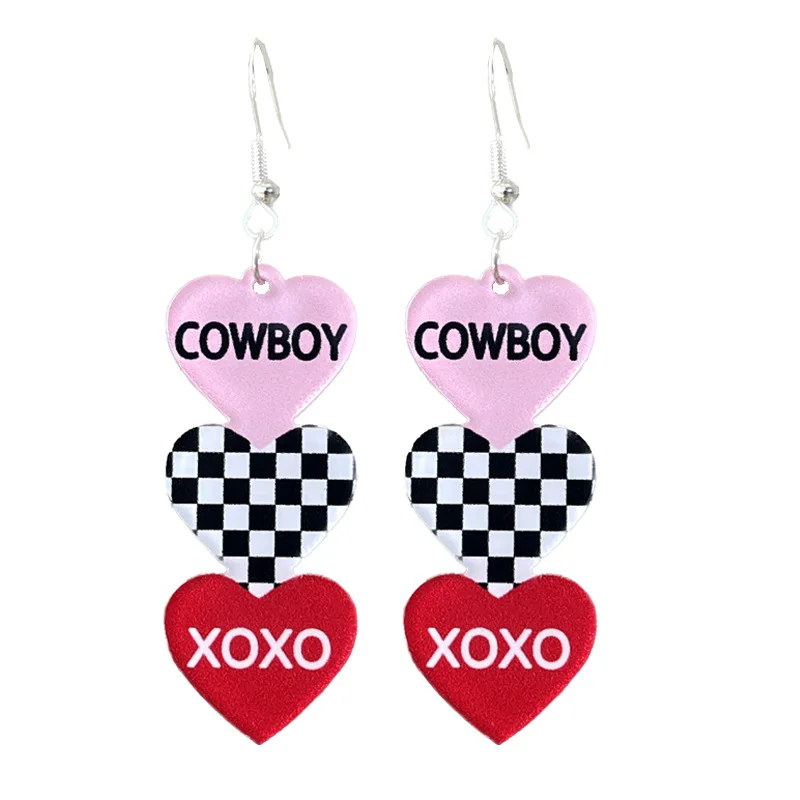 Valentine's Day Text Candy Color Love Acrylic Pendant Earrings Heart Chess Grid XOXO KISS BE MINE Pink Love Singles Day Earrings