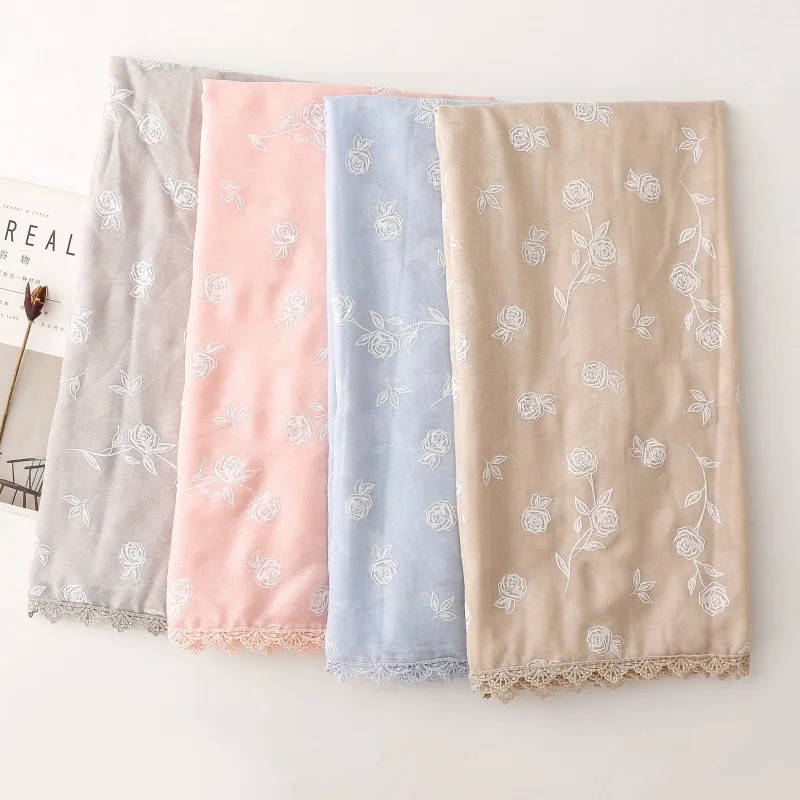 

Зимний однотонный кружевной цепочный стежок, вискозный шарф с розовым цветочным принтом, шаль высокого качества, палантин из пашмины для дам, мусульманский хиджаб 180*90 см