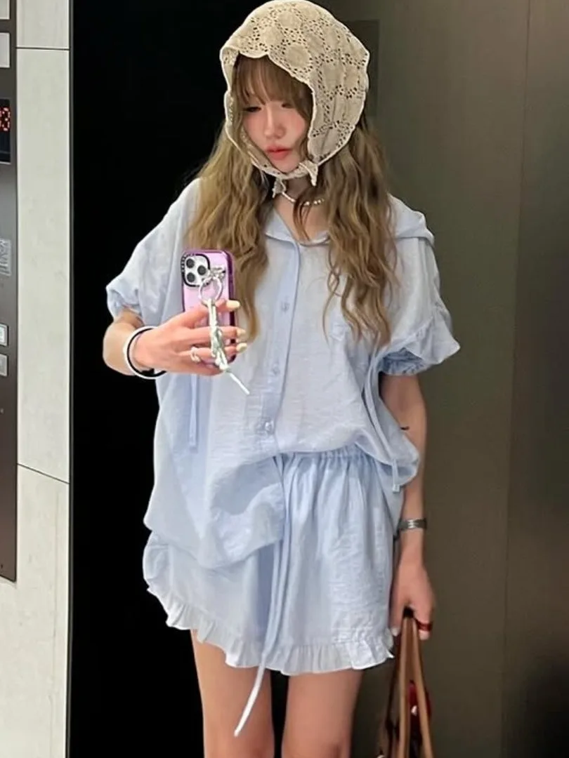 

Korean Design Letter Embroidery Hooded Women's Sun Protection irt High Waist ort Pants Set Summer New Sle Wood ain