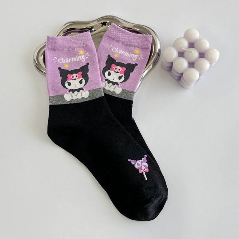 Preciosos calcetines Kuromi Kawaii Sanrio Anime algodón Midtube calcetines femeninos dibujos animados lindos niños media tendencia regalo para niños