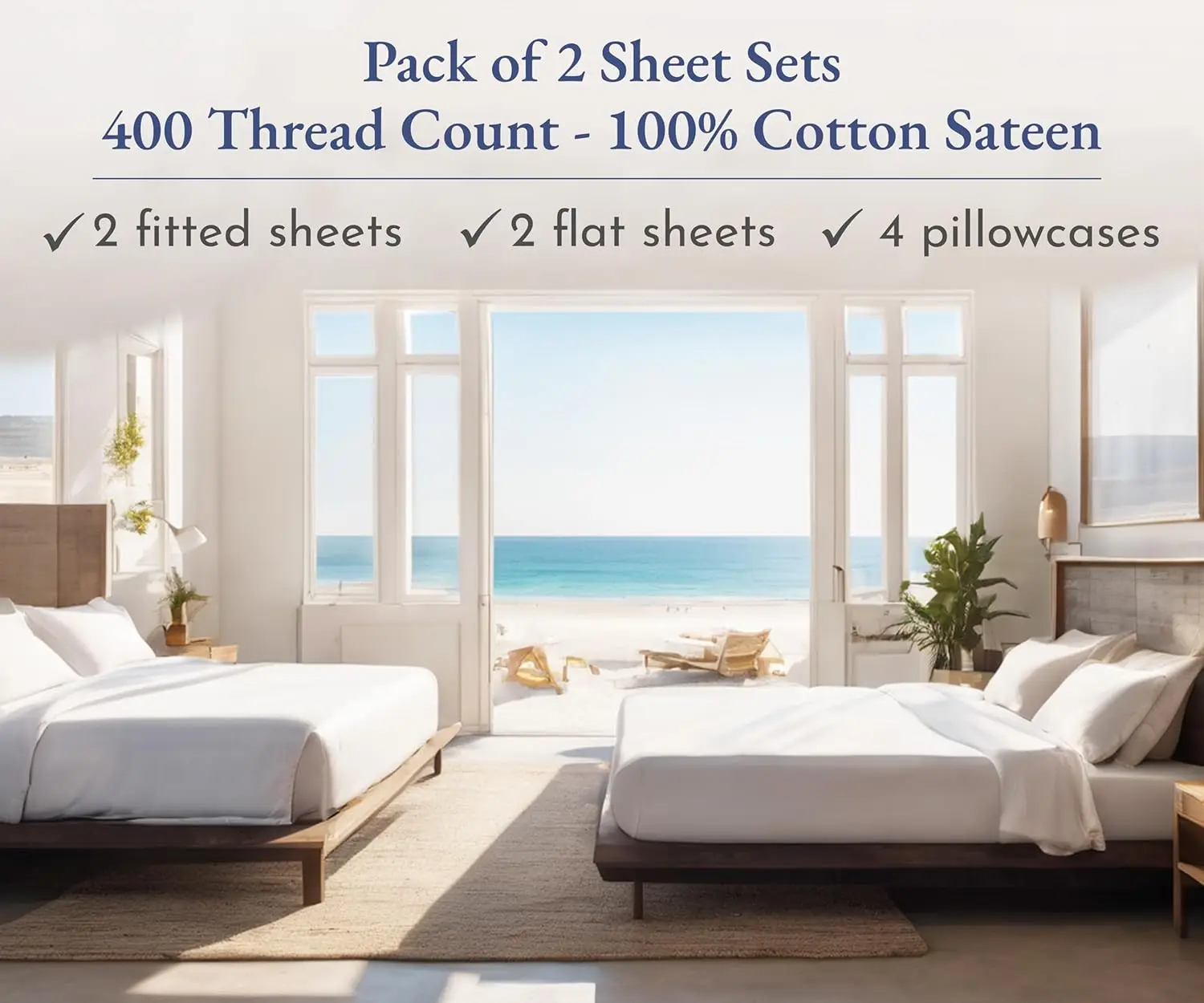 2-Pack Queen Bedsheet Sets - 400 Thread Count 100% Cotton Sateen - Extra Soft, Breathable & Cooling Sheets, Wrinkle Resistant