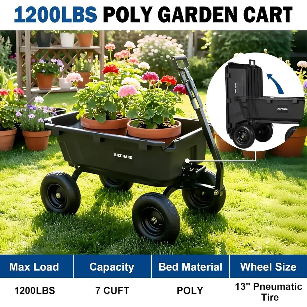 1200 lbs Capacity, 7 Cu Yard Dump Cart, Heavy Duty, Quick Release, Convertible Handle