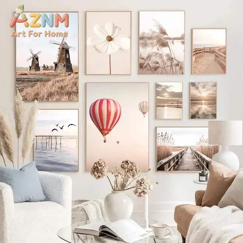 Beige Landscape Wall Art Poster Bike Hot Air Balloon Pictures Orchid Dandelion Canvas Painting Nordic Prints Bedroom Home Decor view 4